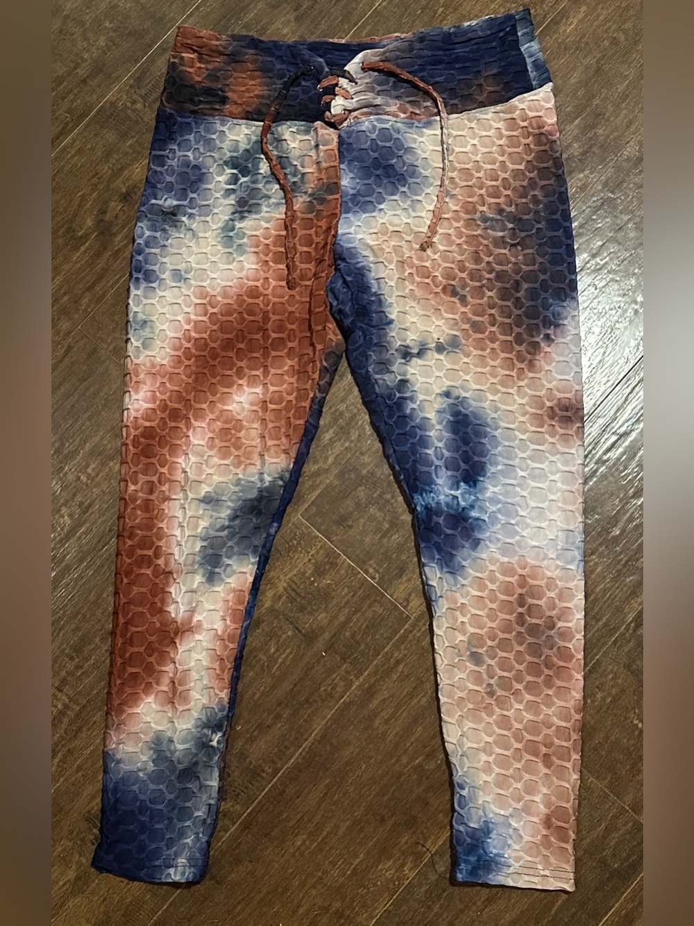 Hot Kiss Tie Dye Leggings Honeycomb Bottom Lift Blue Brown White XL